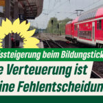 Schriftzug: "Preissteigerung beim Bildungsticket: Die Verteuerung ist eine Fehlentscheidung." Dazu ein Foto von einer S-Bahn und die Bildquellenangabe Unsplash.