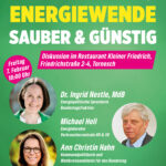 Text auf grünem Hintergrund: Energiewende sauber und günstig, Diskussion im Restaurant Kleiner Friedrich, Friedrichstraße 2-4, Tornesch, Freitag, 7. Februar, 18 Uhr, mit Ingrid Nestle, Bundestagsabgeordnete, Ann CHristin Hahn, Wahlkreiskandidatin, und Michael Hell, Verbraucherzentrale.