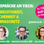 Text auf grünem Hintergrund: Gespräche am Tisch: Gerechtigkeit, Sicherheit und Klimaschutz. Freitag, 17. Januar, 18 Uhr, VfL Pinneberg. Dazu Fotos von Eka von Kalben, Konstantin von Notz und Ann Christin Hahn.
