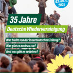 35 Jahre Deutsche Wiedervereinigung! Was bleibt von der innerdeutschen Teilung? Was gibt es noch zu tun? Und was gibt es zu feiern? Veranstaltungsreihe 03.-05.10.2025, Kreisverbandspartnerschaft Pinneberg und Saalekreis. Dazu ein Foto vom Mauerfall: Menschen klettern auf der halb niedergerissenen Berliner Mauer und feiern.